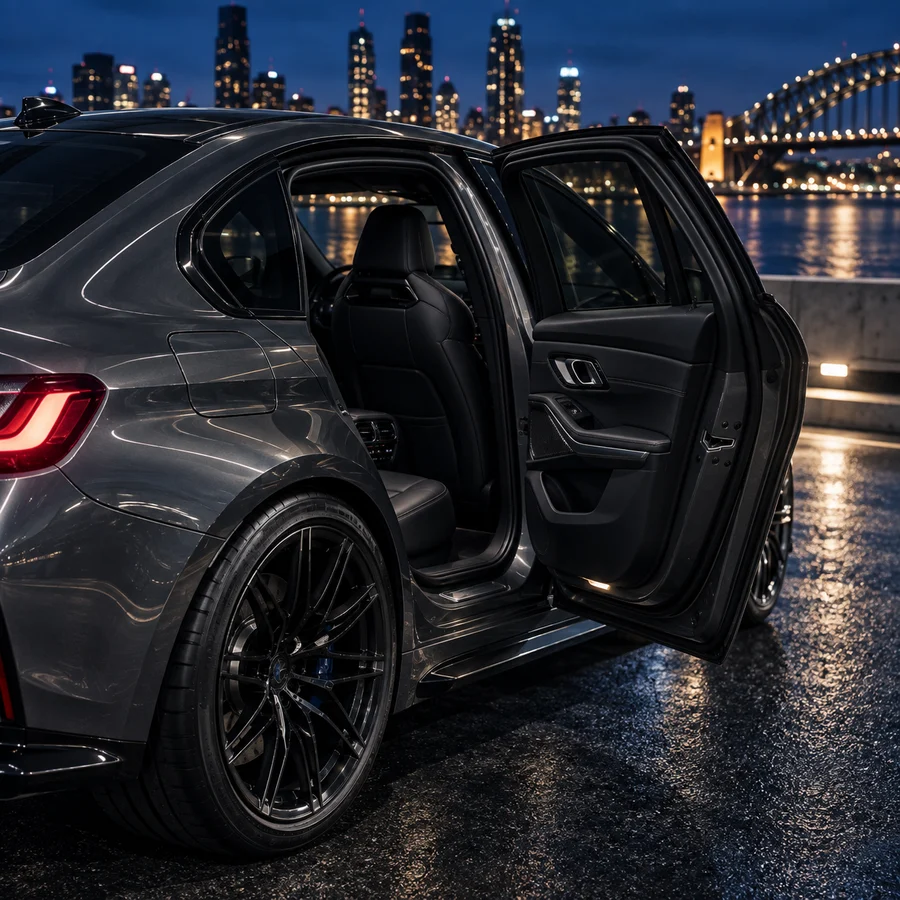 Illustrative open rear passenger door and leather interior of a BMW M3