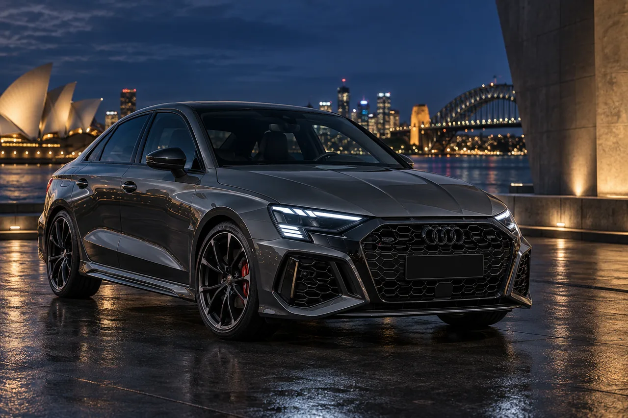 Illustrative graphite Audi RS3 beside Sydney Harbour at night