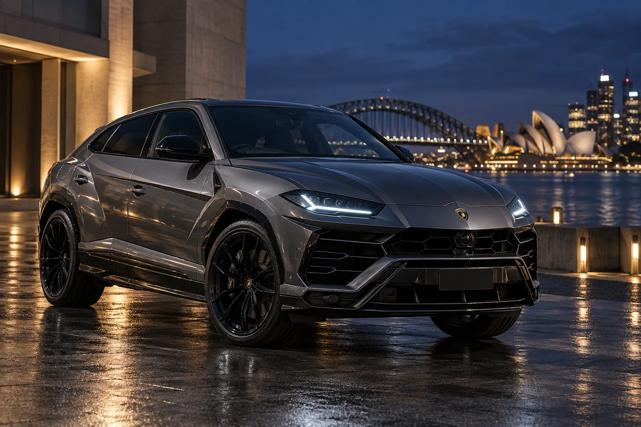 Illustrative graphite Lamborghini Urus beside Sydney Harbour at night