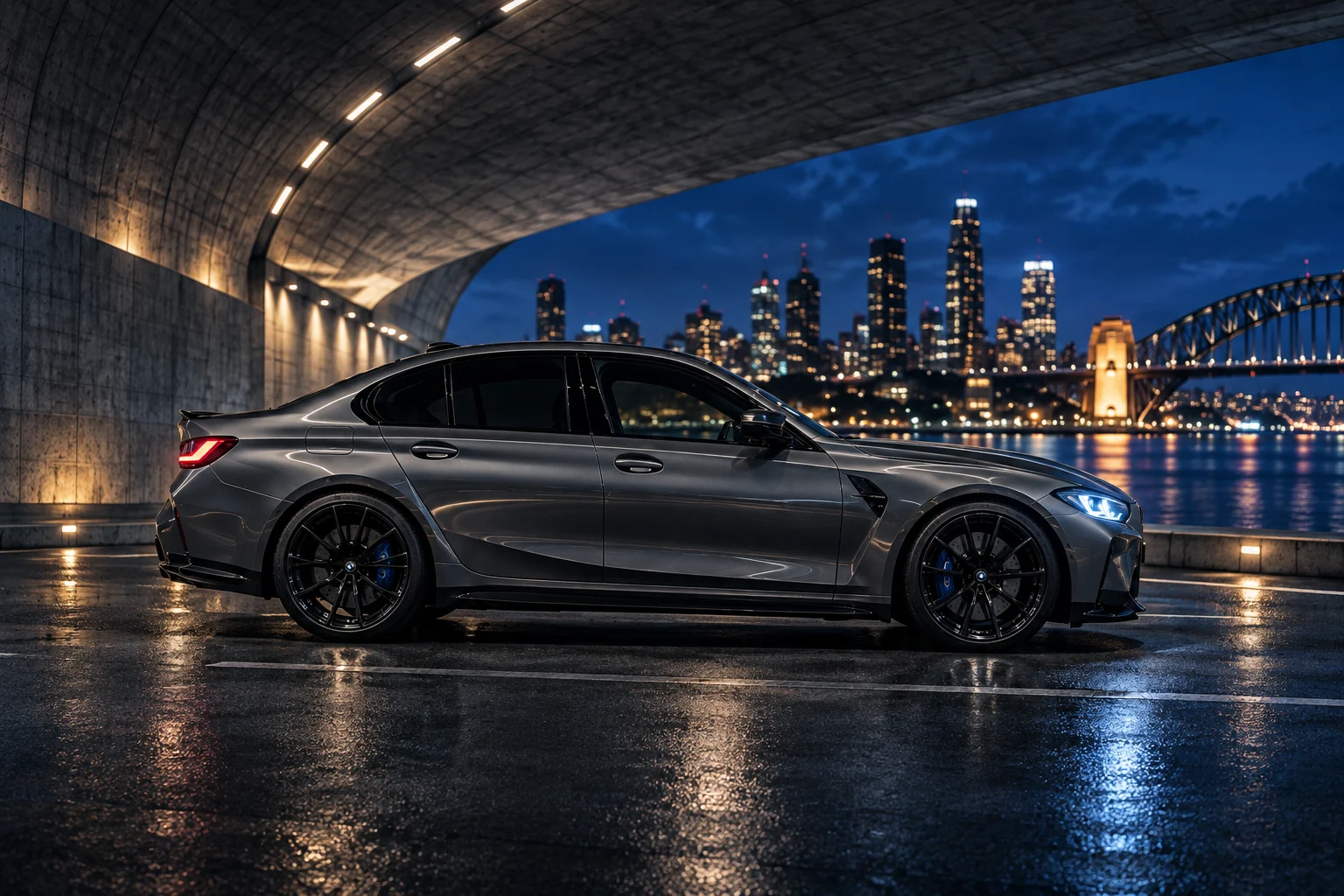 Illustrative graphite BMW M3 beside Sydney Harbour at night