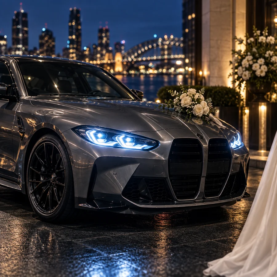 Illustrative wedding arrival with a graphite car, flowers and bridal gown